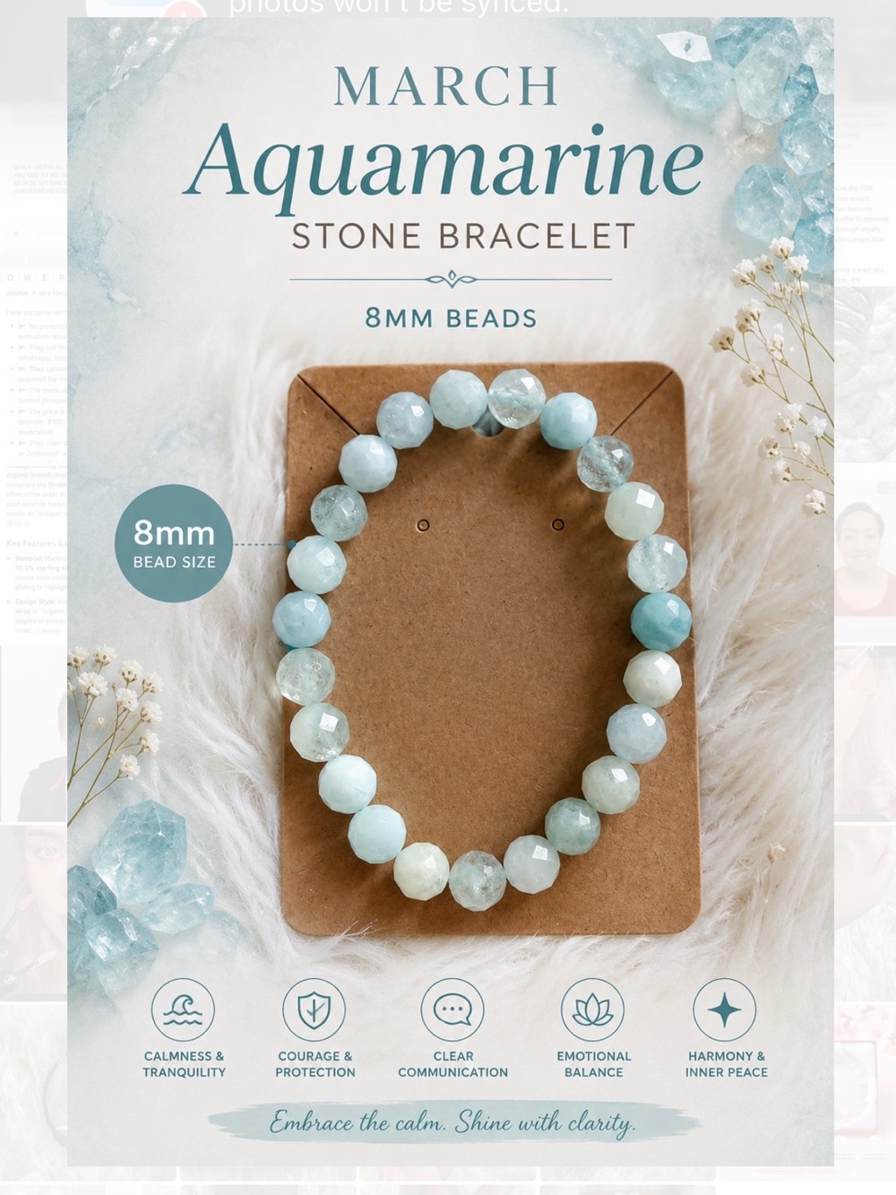 Aquamarine Stone Bracelet - Light Blue March Birthstone